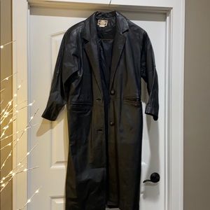 Full length black leather coat